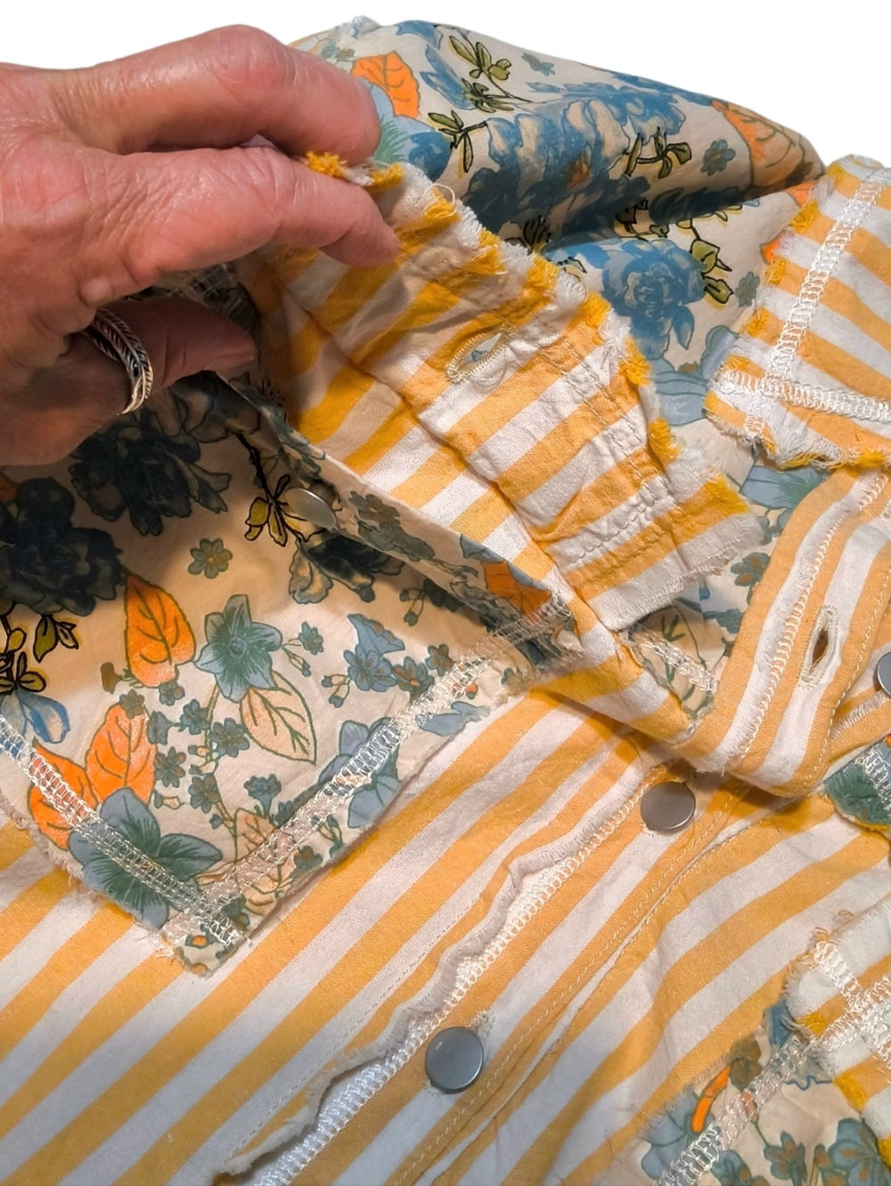 POL Yellow Stripe Blue Floral Boho Cottagecore Patchwork Shacket Top with Lace - Picture 9 of 11
